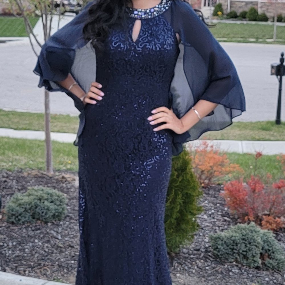 Elegant Navy Blue Embellished Cape Gown Sequined